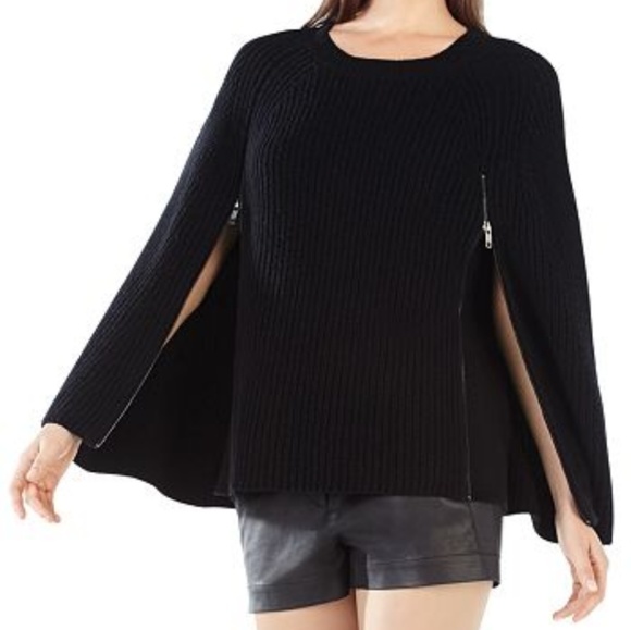 NWT BCBGMaxazria Sherwin Zipper Ribbed Black Poncho Zipper Detail XS/S - Picture 3 of 9